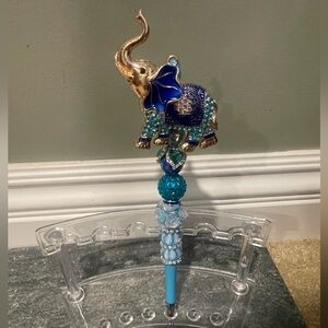 Handmade Elegant Beaded Blue and Gold Elephant Pen